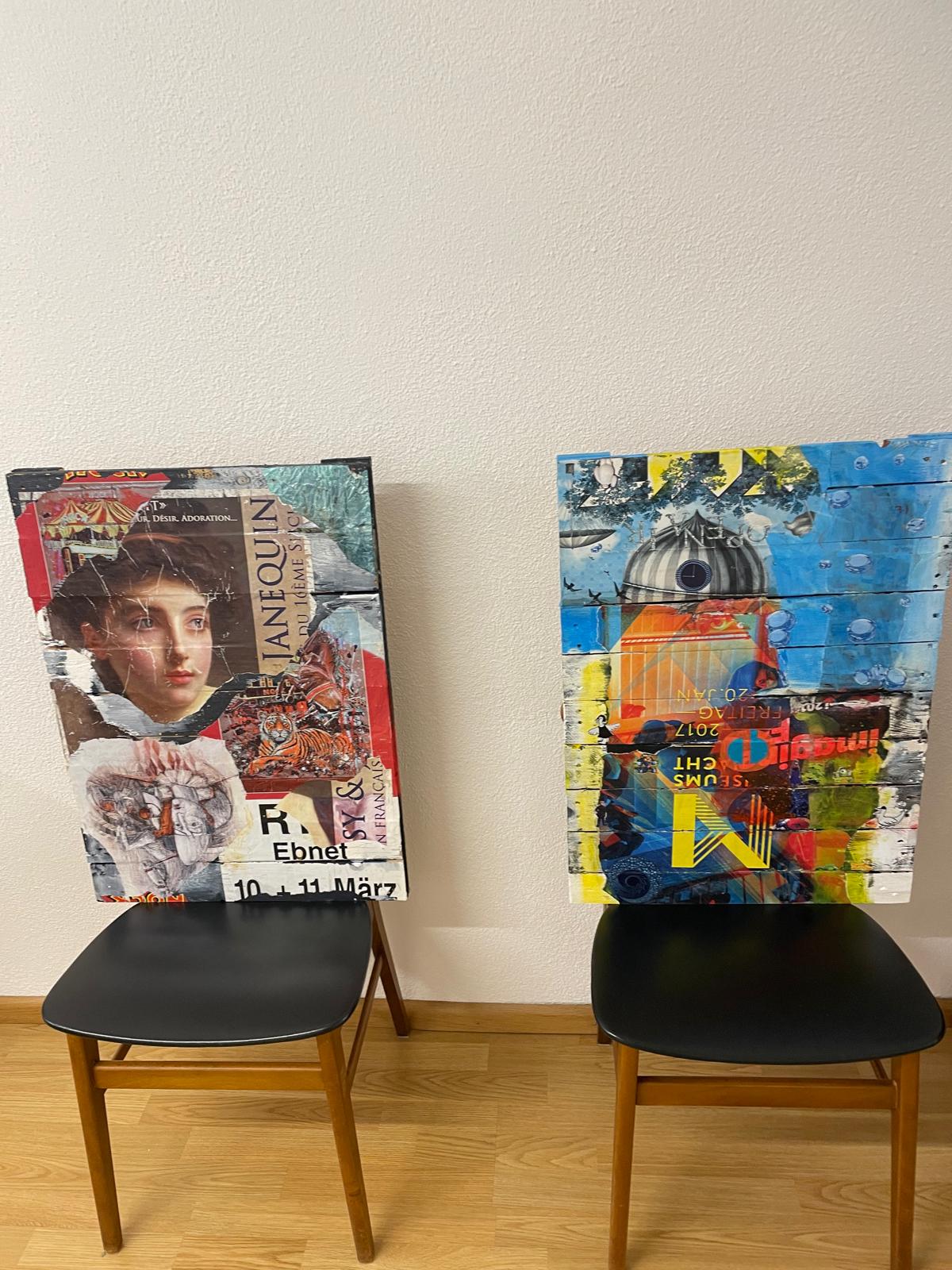 Zwei Collage-Kunstwerke von Trudi Hofer in der Galerie Alkoholfrei Laufenburg